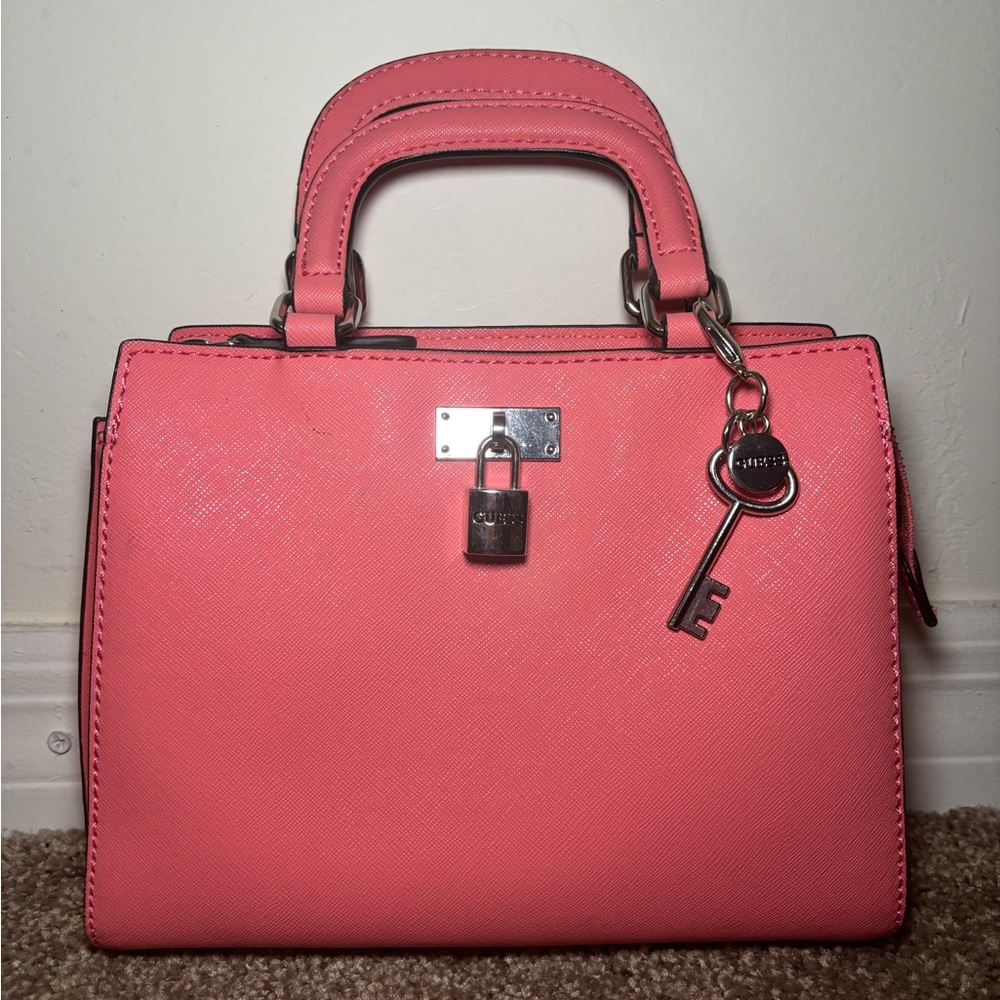 GUESS Pink Top Handle Lock Charm Bag